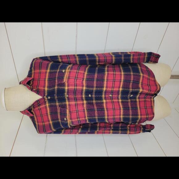 American Eagle Outfitters xs red & gold plaid flannel button down shirt - Picture 1 of 5